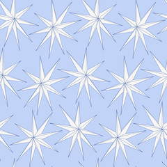 acute white bright stars on a blue background, abstract vector seamless pattern