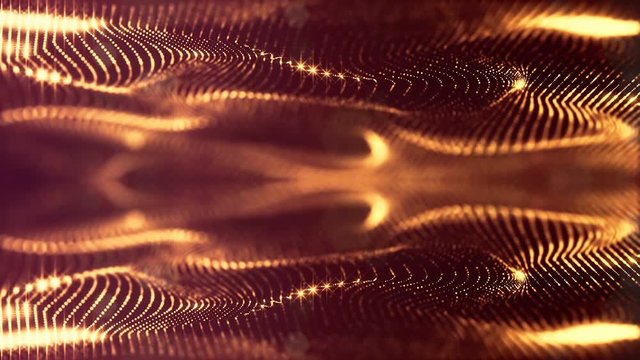 gold loopable abstract particle background with depth of field, glow sparkles of lights and digital elements. Wave particles form lines and lines form curve surfaces like rich pattern. V40