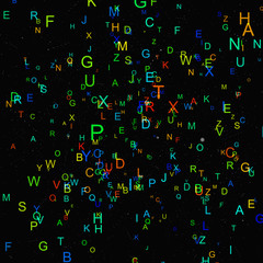 Abstract colorful alphabet fly on black background