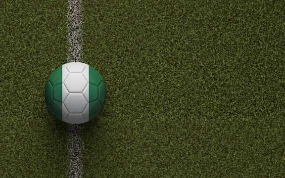 Nigeria flag football on a green soccer pitch. 3D Rendering