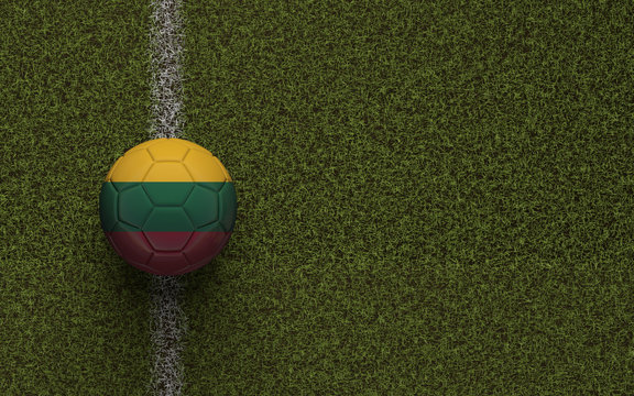 Lithuania flag football on a green soccer pitch. 3D Rendering