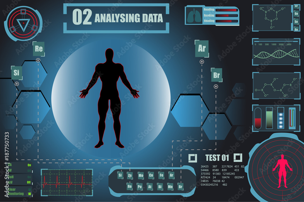 Poster human hud infographic elements. display set of virtual interface elements. research of human health 