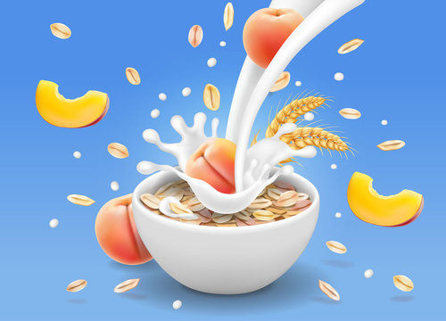 Oatmeals flakes with peach advertising with milk plash. Oats muesli in yogurt bowl