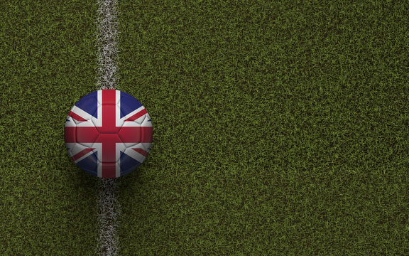United Kingdom flag football on a green soccer pitch. 3D Rendering