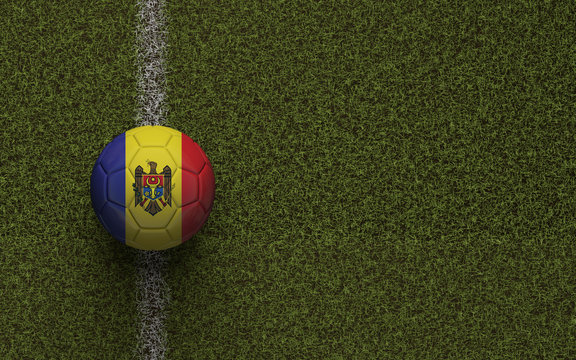 Moldova flag football on a green soccer pitch. 3D Rendering
