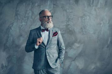 Portrait of proud respected confident handsome masculine virile vintage grey-haired sharp dressed...