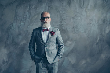Portrait of wealthy handsome confident rich sharp dressed in checkered grey bespoke tux, white shirt, vinous bow-tie, handkerchief serious respectable financier isolated on concrete wall background - obrazy, fototapety, plakaty