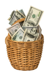  basket full of money isolated on white background.