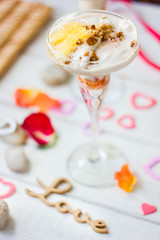 Beautiful dessert for Valentine's day - ice cream with orange.