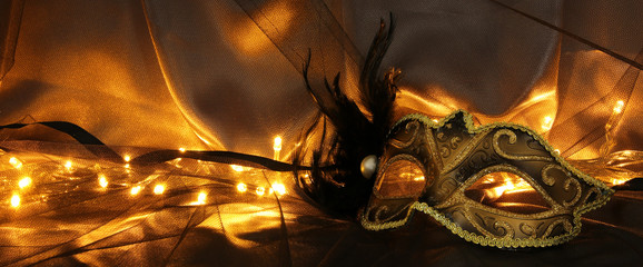 Image of elegant gold and black venetian mask over tulle background.