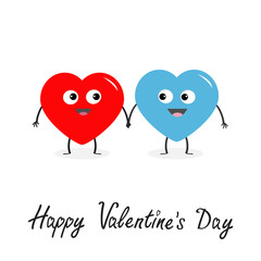 Obraz premium Happy Valentines day sign symbol. Red blue heart family couple set face head holding hands. Cute cartoon kawaii smiling character. Flat design. Love greeting card. Isolated. White background.