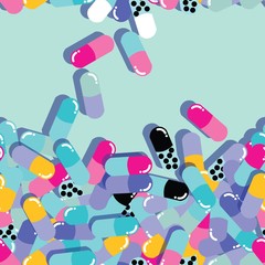 Pills and capsules seamless pattern, pop modern design, bold colors and geometry, vector illustration