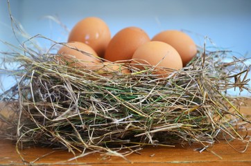 Easter eggs in a bird nest on a wooden table.