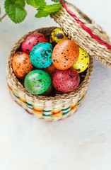 Easter background with Easter eggs in the basket and spring flowers