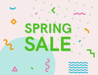 Spring sale on memphis retro style background. 80s geometric style banner. Isolated on white background geometric colorful style illustration.