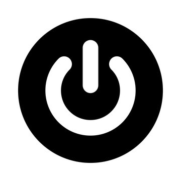 Power button circle icon. Black, round, minimalist icon isolated on white background. Power on off button simple silhouette. Web site page and mobile app design vector element.