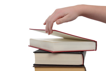 child opening book isolated white background