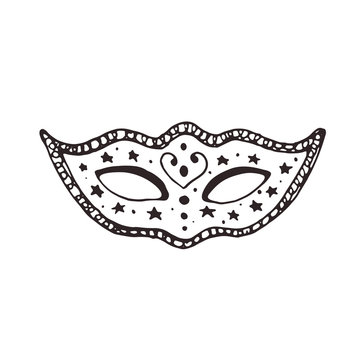 Hand drawn carnival vector mask in line art style isolated on white background. Masqeurade mask sketches for decorating festive invitations, banners, greeting cards.