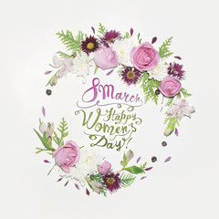 8 March. Happy women’s day! Card with floral frame