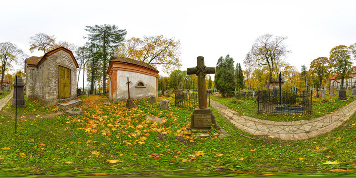 3D spherical panorama with 360 viewing angle. Ready for virtual reality or VR. Full equirectangular projection. Old cemetery. Old churchyard.
