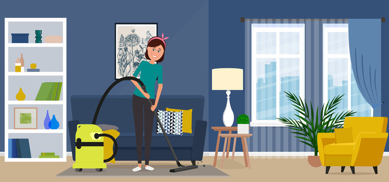 Beautiful housewife woman vacuuming a carpet.