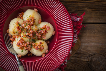 Potato dumplings with bacon.