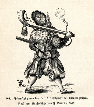 Landsknecht with arquebus during the battle of Sievershausen, engraving by F. Brunn, 1559 (from Spamers Illustrierte  Weltgeschichte, 1894, 5[1], 396)