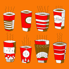 coffe and tea red cute cups vector variations