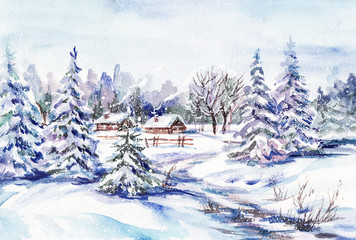 Naklejka premium Watercolor painting: winter village landscape