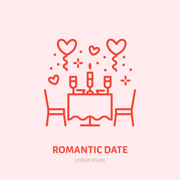 Romantic Date Illustration. Dinner By Candlelight Flat Line Icon, Jewellery Store Logo. Valentines Day Celebration Sign.