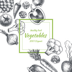 Vector frame with vegetables . Hand drawn. Vintage style