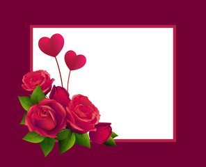 Red rose bouquet and two heart shape. Template greeting card for valentines day