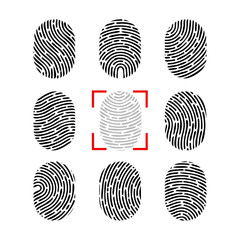 Vector fingerprint set. Finger print of human. Security crime sign icon. Human id