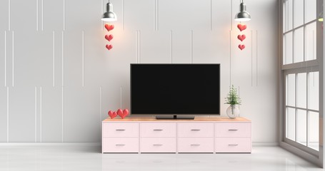 Smart tv on pink tv stand  in white living room decorated with red hearts,lamp, wood pink tv stand, window, tree in glass vase, Rooms of Love on Valentine`s Day. Background and interior. 3D render.