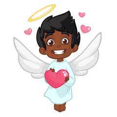 Cute Indian or Arab Boy Cupid  Hugging a Heart. Cartoon illustration of Cupid character for St Valentine's Day isolated on white