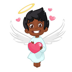 Cute Indian or Arab Boy Cupid  Hugging a Heart. Cartoon illustration of Cupid character for St Valentine's Day isolated on white