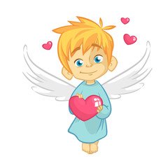 Cute  Baby Cupid Angel Hugging a Heart. Cartoon illustration of Cupid character for St Valentine's Day isolated on white