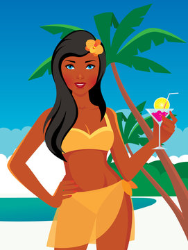 Beautiful girl on the beach in a swimsuit and with a cocktail in her hand