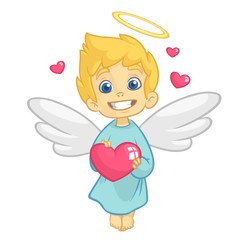 Cute  Baby Cupid Angel Hugging a Heart. Cartoon illustration of Cupid character for St Valentine's Day isolated on white