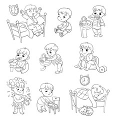 Cartoon kid daily routine activities set