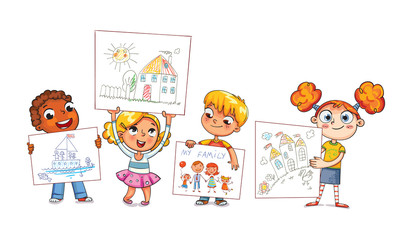 Cute kids show their drawings drawn