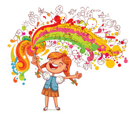 The girl draws large blobs with brush