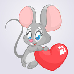 Cartoon cute mouse  holding a love heart. Vector illustration for St Valentines Day. Isolated