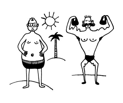Пdrawing set of comic pictures of a man in swimming trunks on the beach with a pussy, and a male athlete lifting dumbbells,  sketch, hand-drawn vector illustrationечать