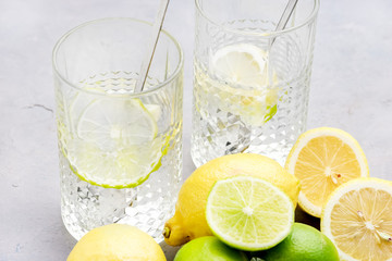 Lemonade With Citrus Lemon and Lime Detox Healthy Water Summer Cold Drink Ice Cubes Wooden Squeezer Glasses