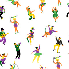 Mardi gras. Seamless pattern with funny dancing men and women in bright costumes