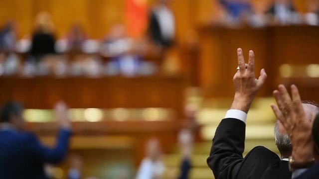 Hand of a man raised in the air during a voting procedure