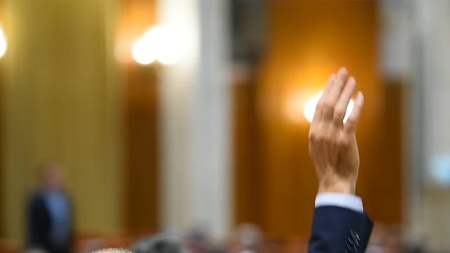 Hand of a man raised in the air during a voting procedure