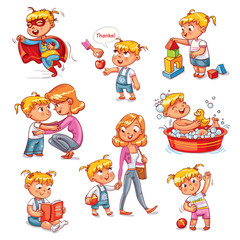 Fototapeta premium Cartoon kid daily routine activities set