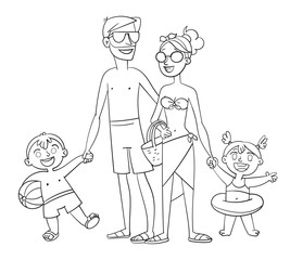 Happy family on vacation. Coloring book